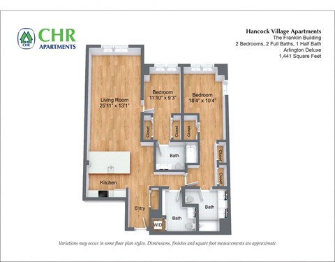 Floor plan for 2 beds, 2.5 baths, 1434 sqft